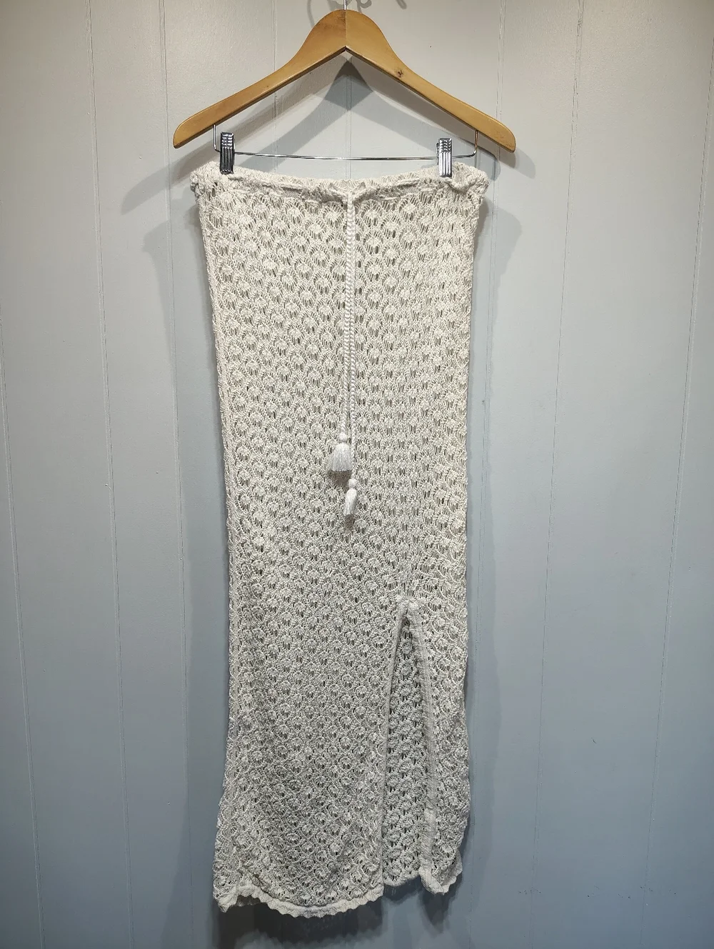 Aerie White Crochet Maxi Skirt Boho Beach Cover Up Drawstring Slit Size L Cotton - Picture 8 of 8